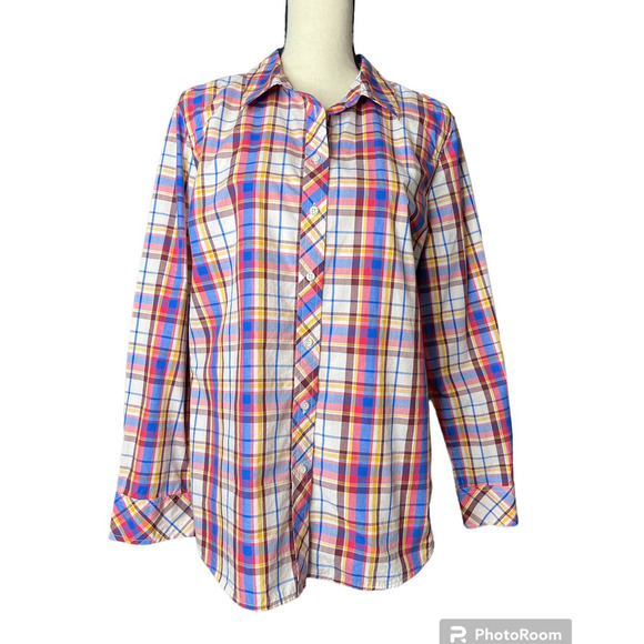 Talbots Women's Button-up Tunic Shirt Size Large in Blue Pink Multicolor Plaid - Picture 1 of 5